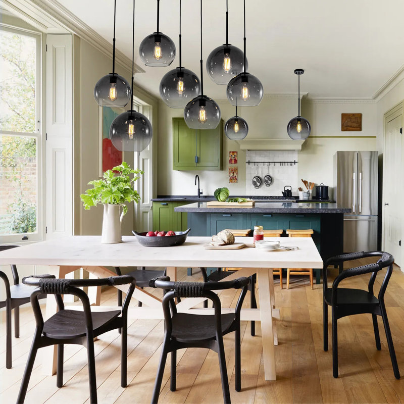 Luminaire suspendu 7 lumières en verre dégradé pour îlot , Gris, Matte Black