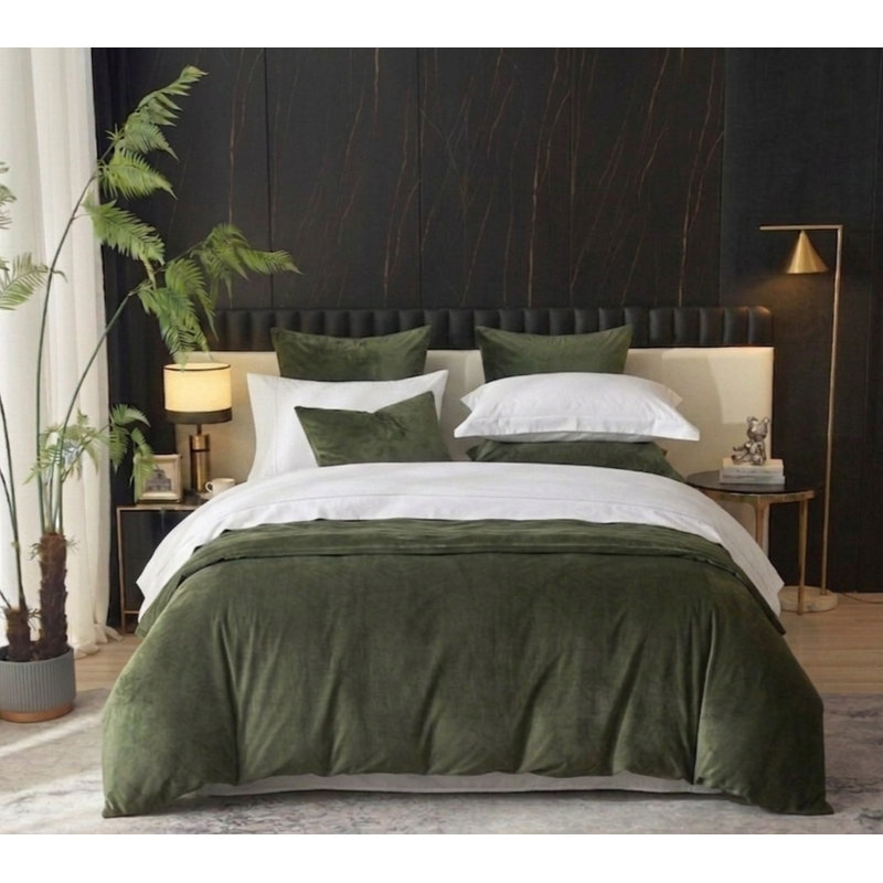 Ensemble de couette en velours de luxe 9 pièces - Vert olive foncé King, Très grand lit