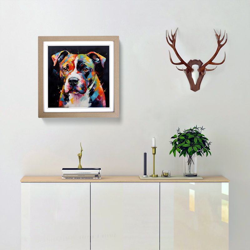 Staffordshire Bull Terrier Suprematism - Single Picture Frame Print on Wood, Oak