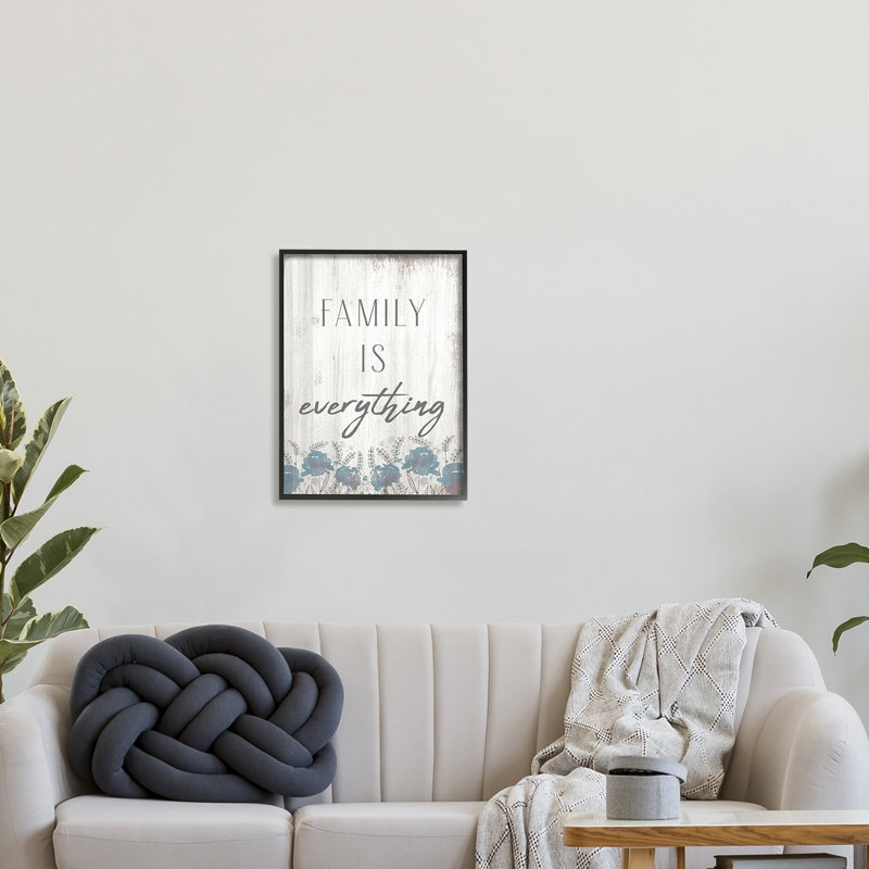 «Family Is Everything Sentiment», fleurs sauvages bleues, Giclée encadrée noir minuit, H 20 po x l 16 po