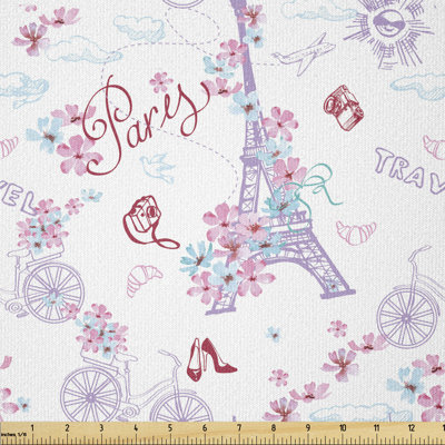 Cillan European Paris Eiffel Tower with Flowers Floral Swirls Multi-Purpose Fabric