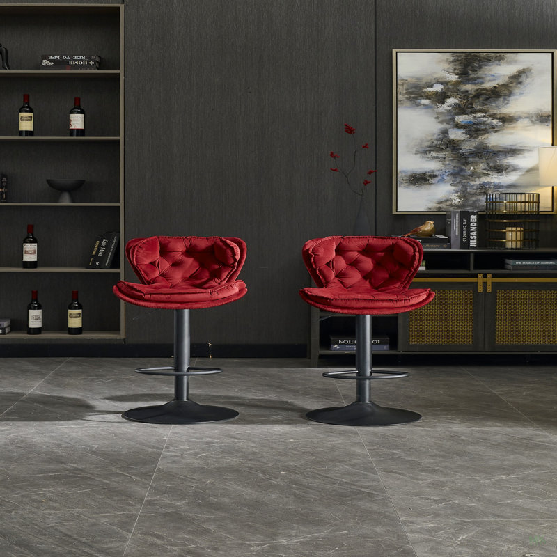 Ensemble de 2 tabourets de bar avec repose-pieds en poudre et base pivotante en velours à hauteur réglable et tabouret de bar simple - Rouge