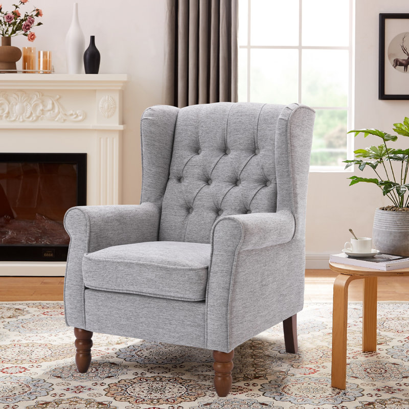 Button-Tufted Small Wingback Accent Chair with Rolled Arm and Thick Padded Cushion, Light Gray Polyester Blend