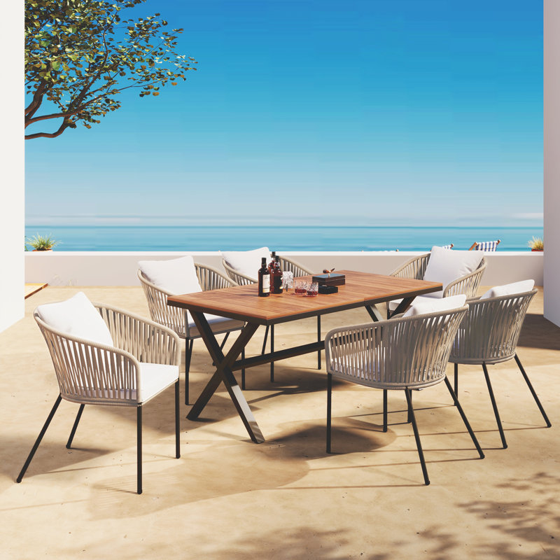 7 Pieces Patio Dining Set, Beige/Brown