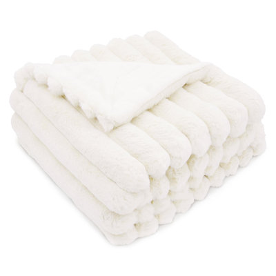 Luxury Reversible Textured Stripe Faux Fur & Velvet Throw Blanket - White, Throw XL 50" x 70"