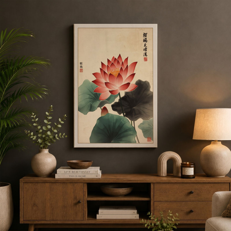 Lotus in Bloom Botanical - Wrapped Canvas, 36x24 - 91.4 x 61.0 cm, Teal Border