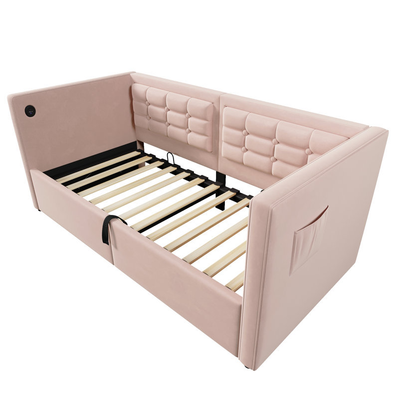 Lit de jour rembourré avec ports et poches USB, Rose