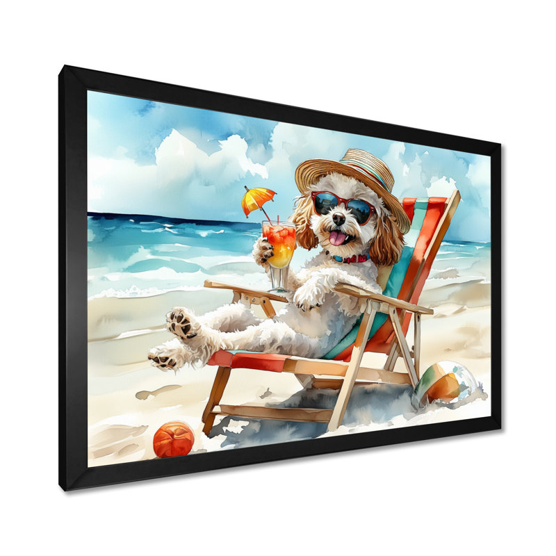 Décoration de chien gris caniche gris sur la plage - Animal côtier, Toile encadrée noire simple, H 12 po x l 20 po x P 1 po