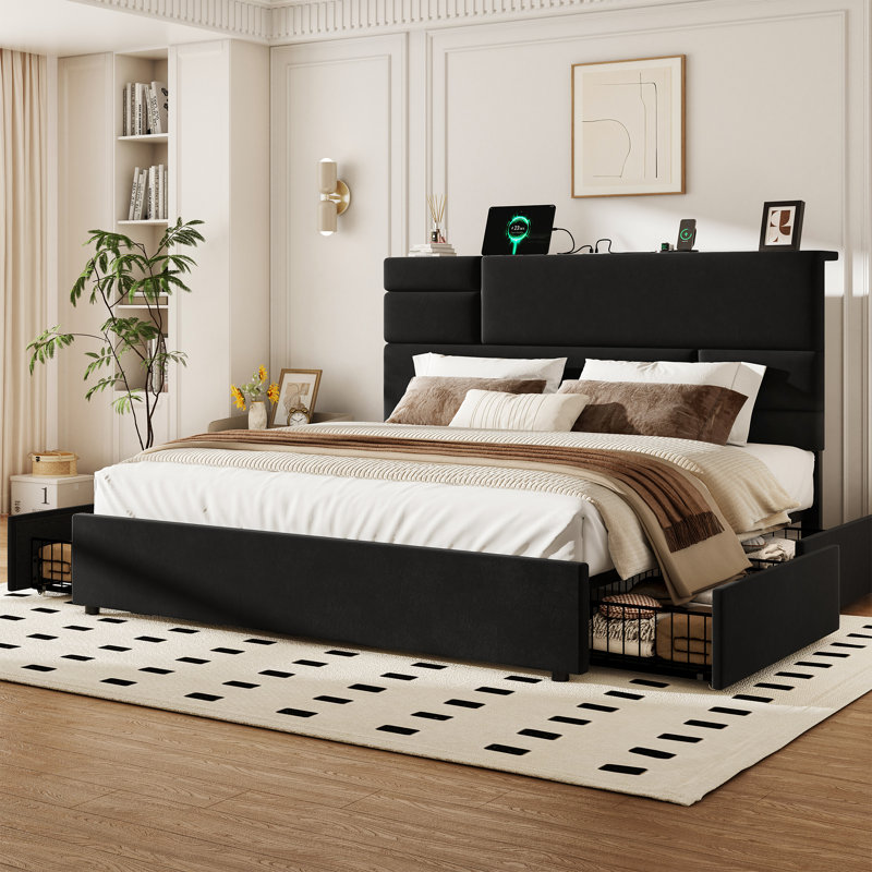 Lit plateforme King Size avec tête de lit ajustable et tiroirs de rangement, noir, King, Black