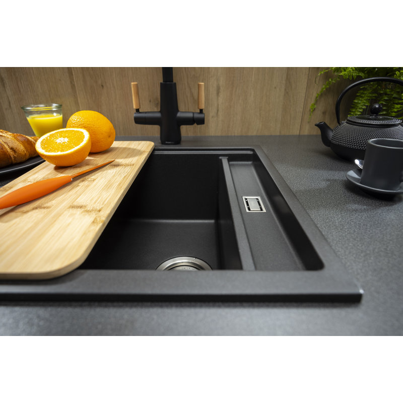 Abode Designs Synchronist 46mm W Single Bowl Composite Kitchen Sink, Metallic Black