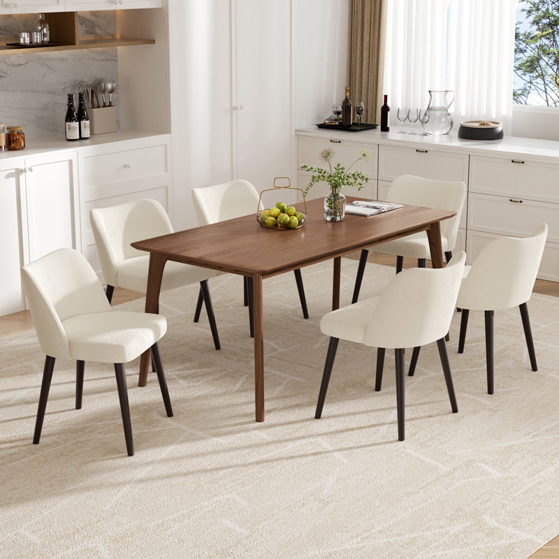 Modern Curved Back Dining Chair With Wood Legs, Upholstered Accent Chair For Kitchen & Living Room, Beige