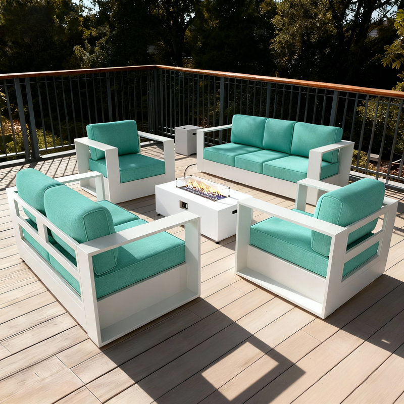 Modern Outdoor Aluminum 5-piece Conversation Set With Firepit Table, Teal Cushion/White Frame