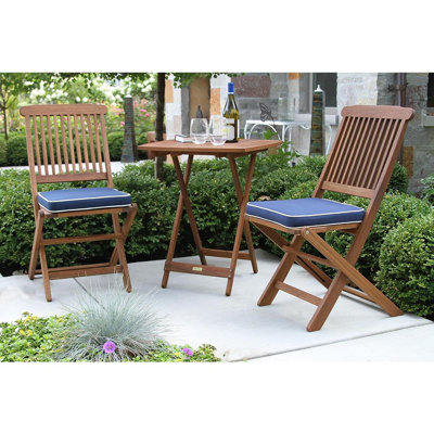 Orene Eucalyptus Wood 3-Piece Square Foldable Bistro Outdoor Furniture Patio Set, Table And 2 Chairs With Cushions, Blue -  Winston Porter, E3CDB77DE68B46A092FCD87BC69267C4