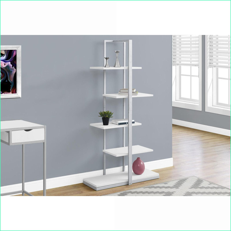 Bibliothèque, industrielle moderne à 5 niveaux asymétrique | Stratifié blanc Métal argenté brossé | H 60 po | Blanc | Panneau de fibres à densité moyenne