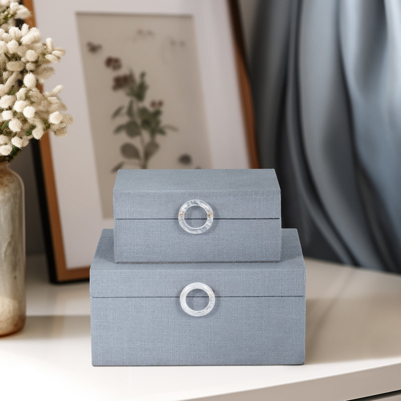 Modern Wood and Velvet Storage Boxes with Decorative Circular Pull - Set of 2, Blue