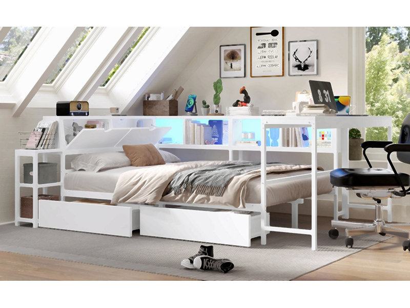 Structure de lit d'angle simple avec bibliothèque et 2 tiroirs de rangement sous le lit, lit moderne avec éclairage à DEL et station de charge, interchangeable gauche et droite