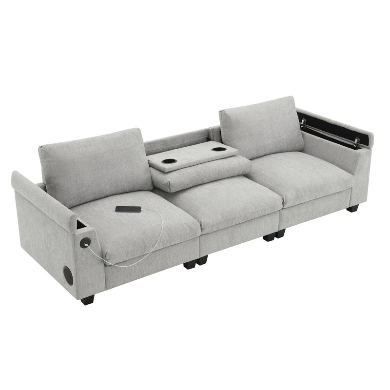 Chenille douce avec porte-gobelets, rangement pour accoudoirs, table abattante pour haut-parleurs et ports, espace de rangement caché pour les supports