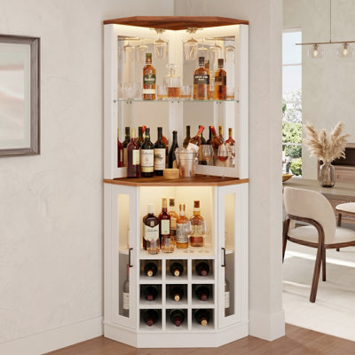 Farmhouse Corner Bar Cabinet, Modern Freestanding Wood Cabinet With Storage And Wine Holder, Tall Display Bar Cabinet With LED Lights And Mirror