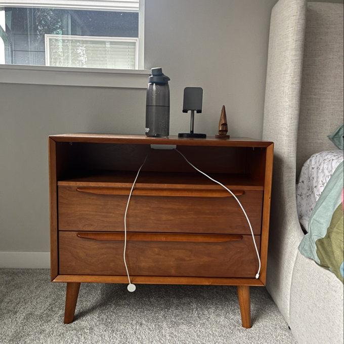 Aviannah Midcentury Modern 2-Drawer Nightstand With Built-In Charging Station And Rubber Wood Legs And Open Shelf (Set of 2) - Acorn