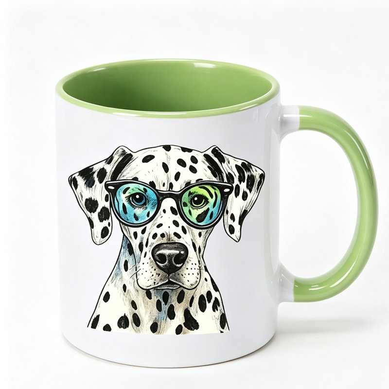 A reusable ceramic coffee cup with a spotted dog print, suitable as a birthday gift, Thanksgiving gift and Christmas present.