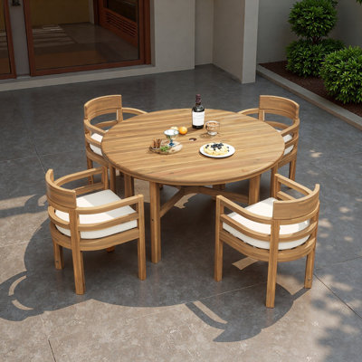5-Piece Outdoor Acacia Wood Dining Set, Round Patio Dining Table with Umbrella Hole, 4 Cushioned Armrest Dining Chairs, Patio Furniture for Backyard, Deck, Poolside