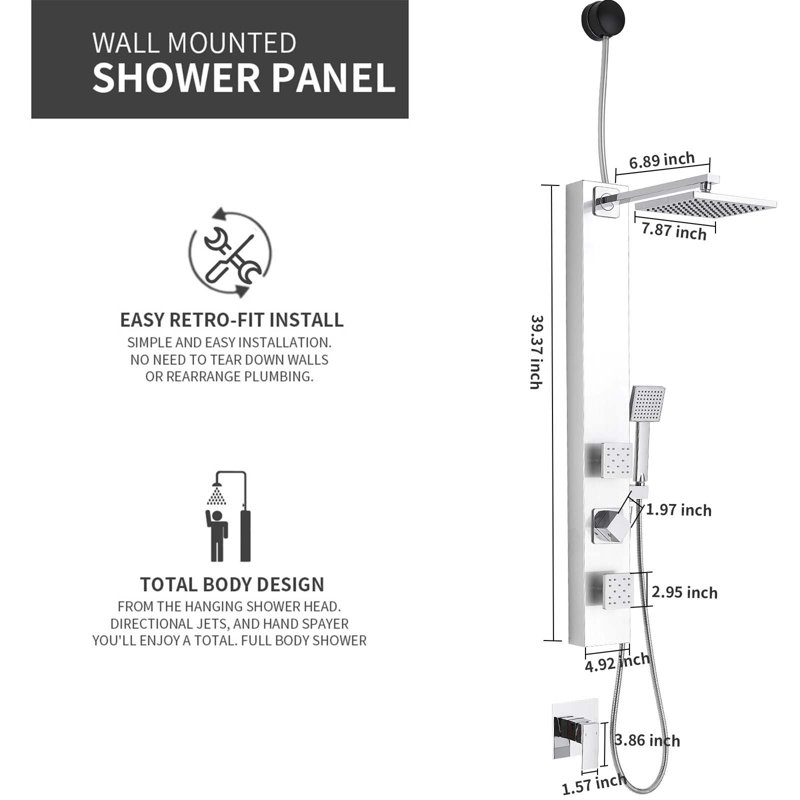 2-Jet Shower Panel System With Raninfall Shower Head, Polished Chrome