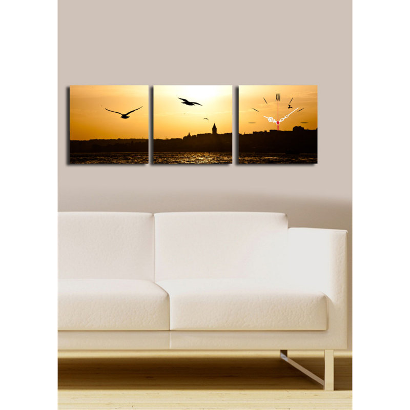 Ensemble de 3 horloges murales élégantes en toile, 35,4 x 11,0 pouces | 100% toile de suède avec cadre 100% bois, épaisseur: 1,2 po | Décoration élégante pour le salon, la chambre à coucher et le bureau