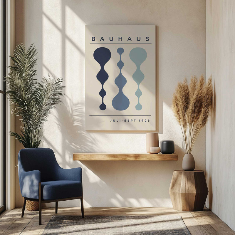 Affiche rétro Bauhaus II , H 30 po x l 20 po, Toile tendue, Blanc cassé / bleu marine foncé / bleu poudre / 