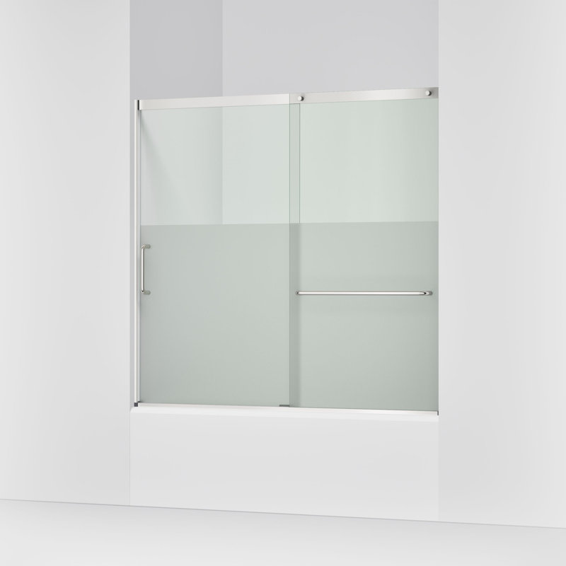 Elate Sliding Bath Door, 56-3/4-In H X 56-1/4 - 59-5/8-In W With Heavy 5/16-In Thick Crystal Clear Glass With Privacy Band
