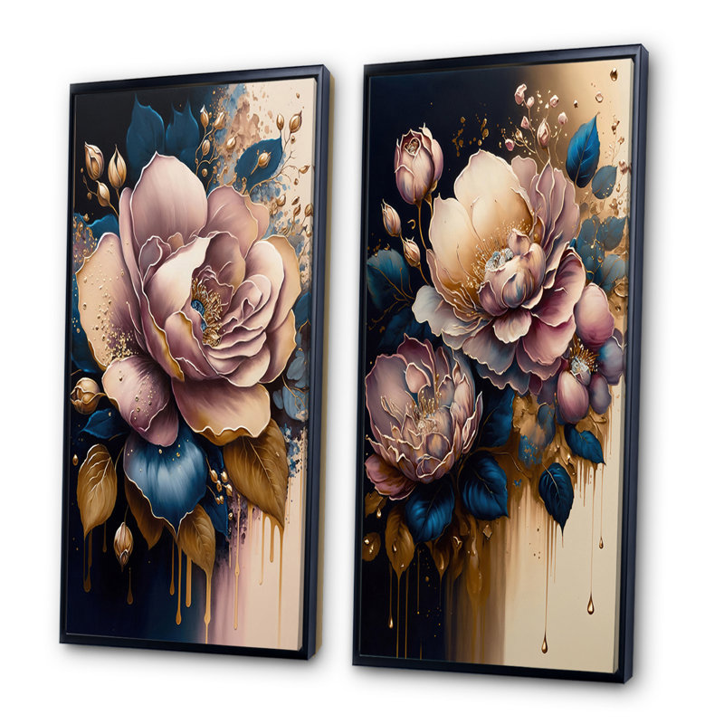 «Decadent Pink and Blue Roses», 2 pièces sur toile, Cadre noir, H 40 po x l 40 po