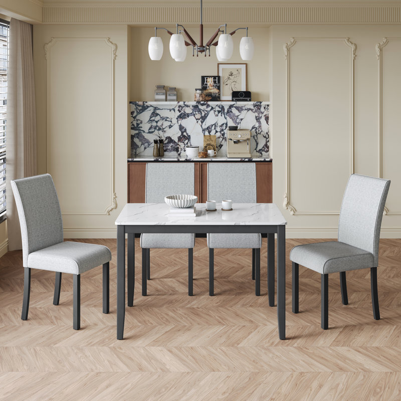4 - Person Wooden-Frame Upholstered Dining Set with Rectangular Faux-Marble Pattern top table
