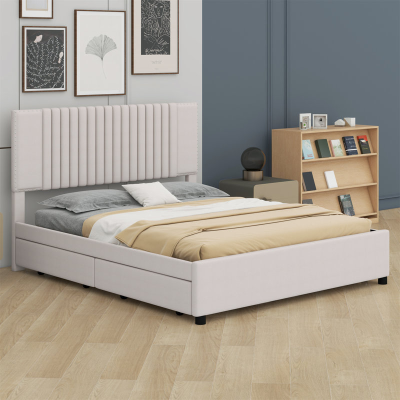 Lit plateforme tapissier avec 2 tiroirs et lit gigogne, tête de lit classique, Beige, Double