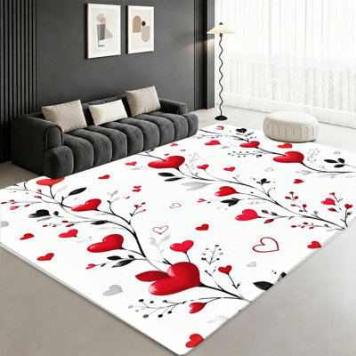 Tapis à motifs de cœurs, motif floral rouge romantique, antidérapant et lavable à la machine, décoration intérieure artistique pour salon, chambre, entrée, cuisine, balcon, appartement