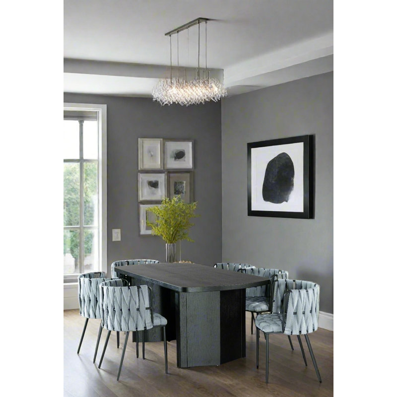 Vistra Dining Table 7-Piece Set with Sculptural Base and Woven Upholstery Chairs – Rectangular Modern Dining Set, Black, Grey