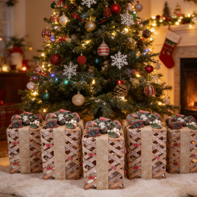 Décoration de boîte de cadeau de Noël sous l'arbre de Noël avec des pommes de pin et des baies