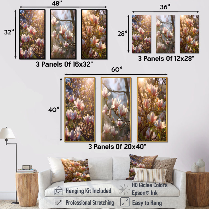 «Pink Magnolias Tree Field Bliss Photo», ensemble de 3 impressions d'art mural Magnolias, Cadre flottant doré