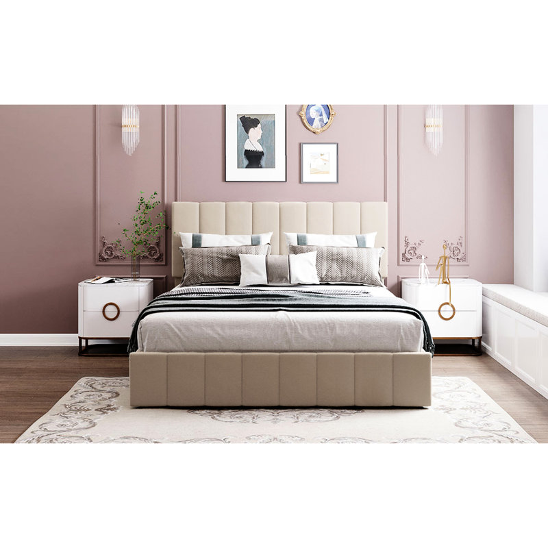 Grand lit avec support de matelas rembourré et rangement hydraulique - beige Comfort In, Beige, Grand lit