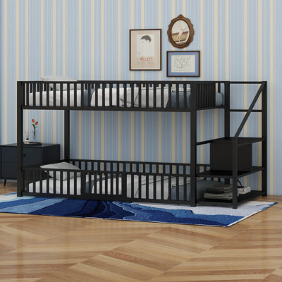 Twin Over Twin Floor Bunk Bed With Storage Ladder And Guardrails