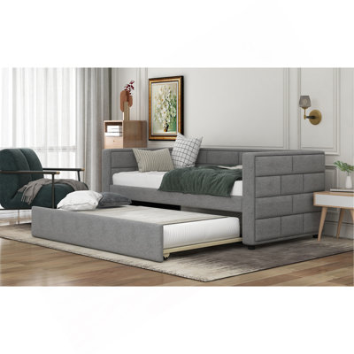 Twin Size Daybed With Trundle, Upholstered Daybed With Padded Back, Gray