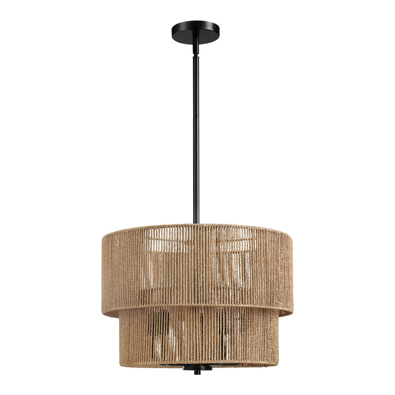  5 - Light 18in Boho Hand-Woven Drum Chandelier, Matte Black