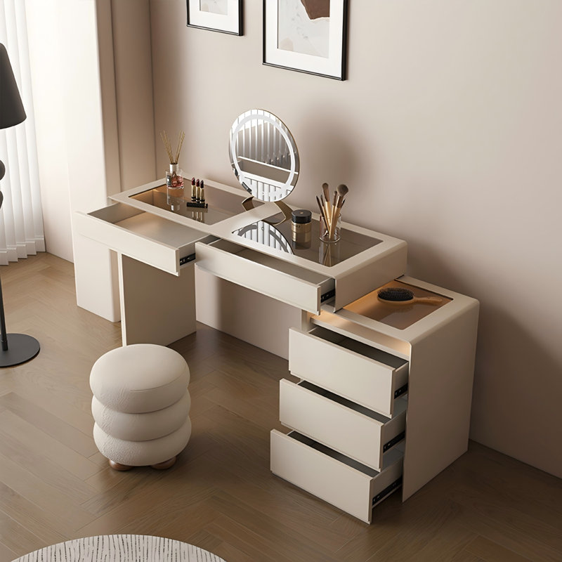 Commode à maquillage crème tout-en-un en bois massif crème avec tiroirs de rangement, H 29,53 po x l 47,24 po x P 15,75 po