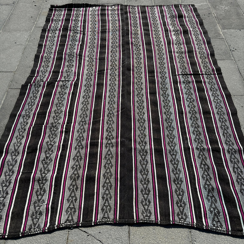 Tapis turc rétro vintage Oushak avec rayures et motifs uniques, idéal pour la cuisine