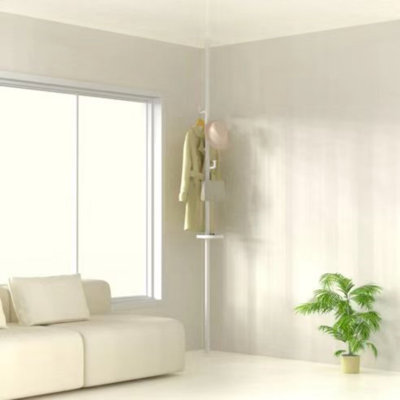 Adjustable Floor To Ceiling Tension Rod Clothes Drying Rack With Trays And Rotatable Hooks, Ideal For Space-Saving And Multi-Functional Storage