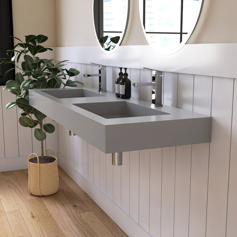 Chloe MEDUNJESS 59" Wall Mounted Double Bathroom Sink, Gray Solid Surface,Rectangular Wall Mount Double Wash Basin, Gray