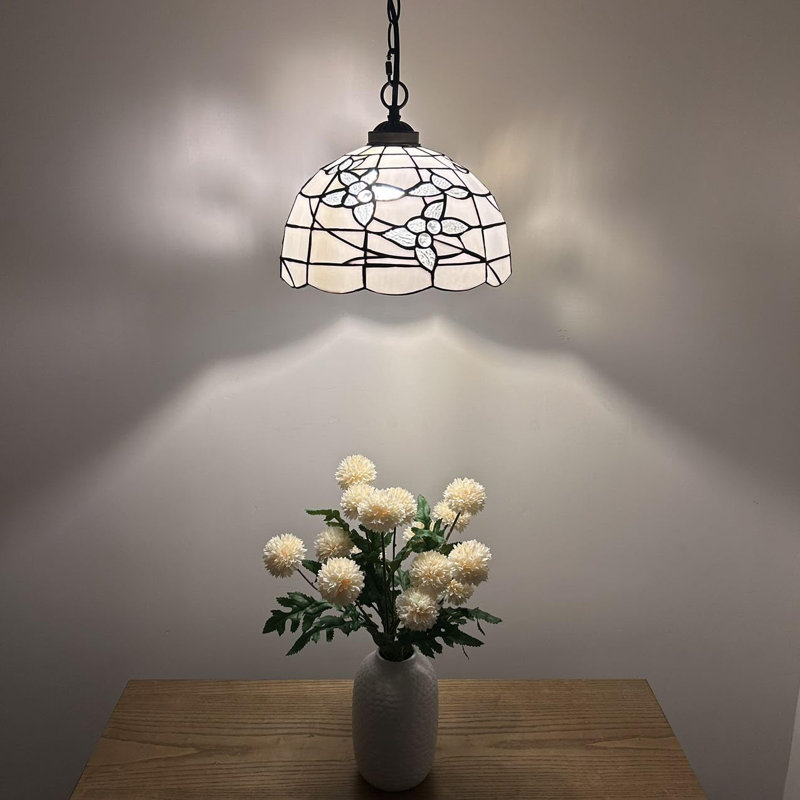 Klima Tiffany Pendant Lighting White Stained Glass Flowers LED Bulb Included 12"W*12"D*60"H