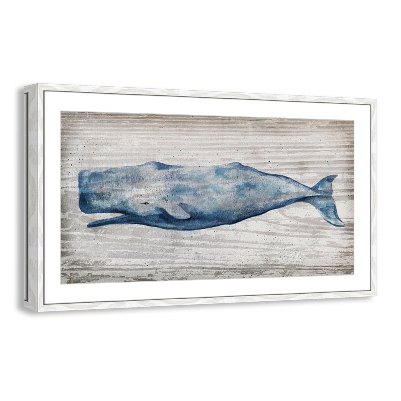 " Blue Whale ", 23.5'' H x 41.5'' W x 0.75'' D, White Slim Frame - Matted Fine Art Paper Print