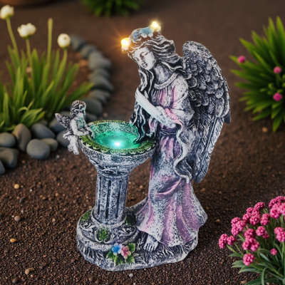 Fontaine solaire d'ange avec lumières DEL à changement de couleur, statue de jardin extérieure imperméable à l'eau pour la cour, patio, décor de fée envoûtante