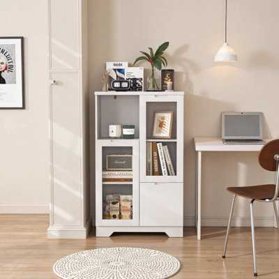 Modern White MDF Storage Cabinet with Glass Doors, Drawer & Open Shelves - Versatile for Bedroom, Living Room & Office