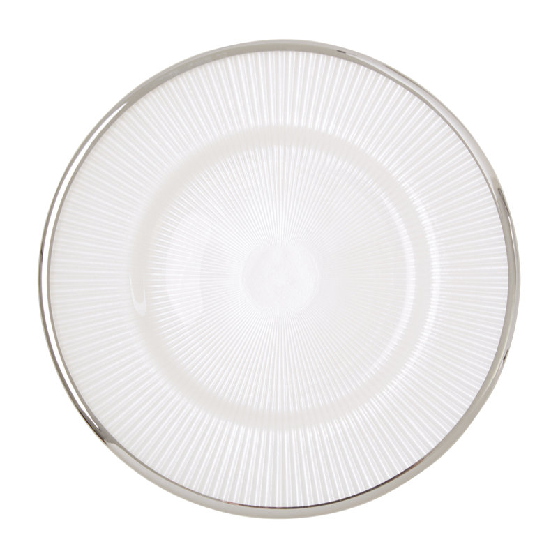 Ida White Embossed Glass Dinner Plate with Silver Rim, Silver/White