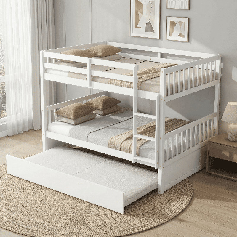 Full Over Full Rubber Wood Convertible Bunk Bed with Twin Trundle, Ladder & Guardrails, White